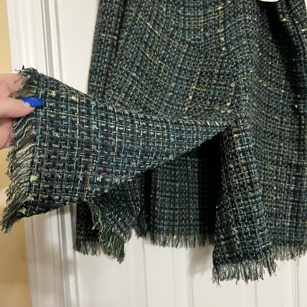 Navy, Green & Yellow Metallic Classic Tweed Asymmetrical Frayed Edge Skirt. - Picture 4 of 14